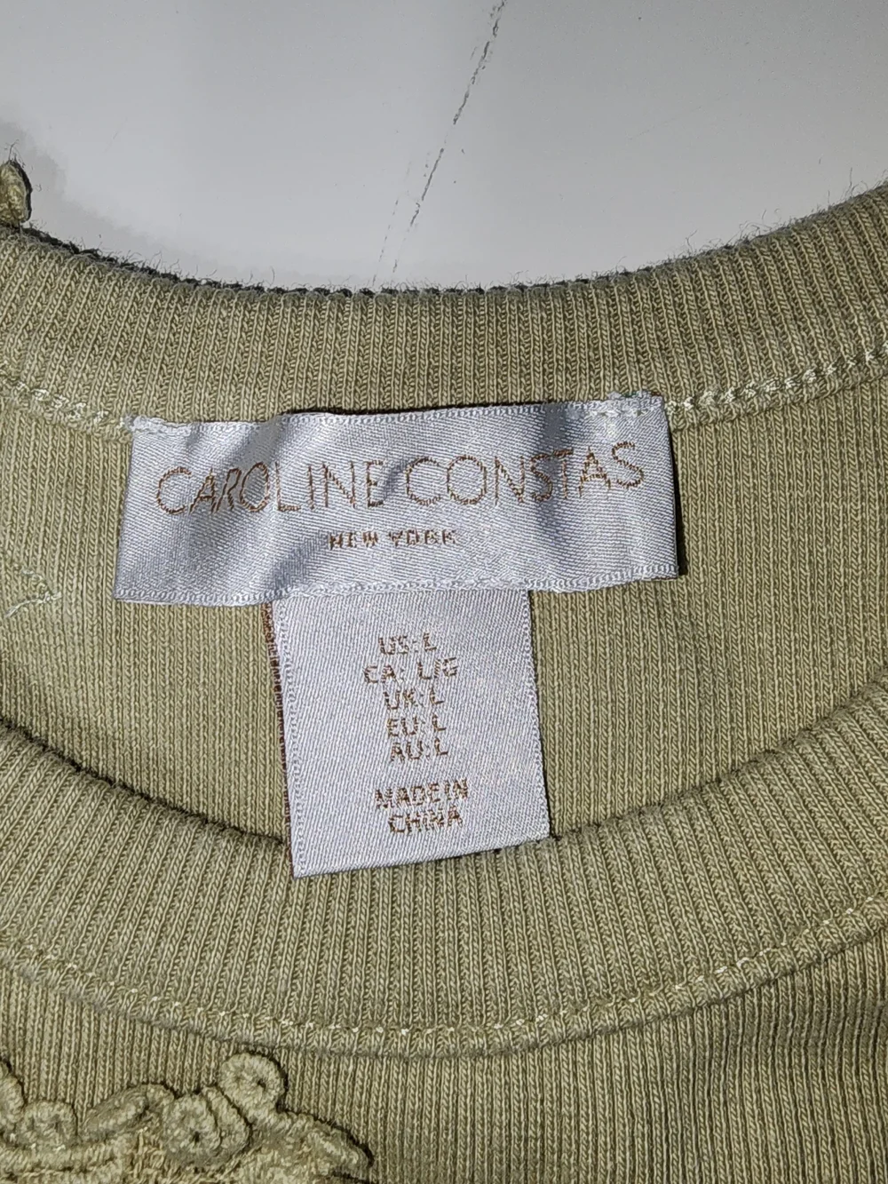 Caroline Constas Lace-Appliqué Ribbed Tank in Cream With Muted Sage Size L